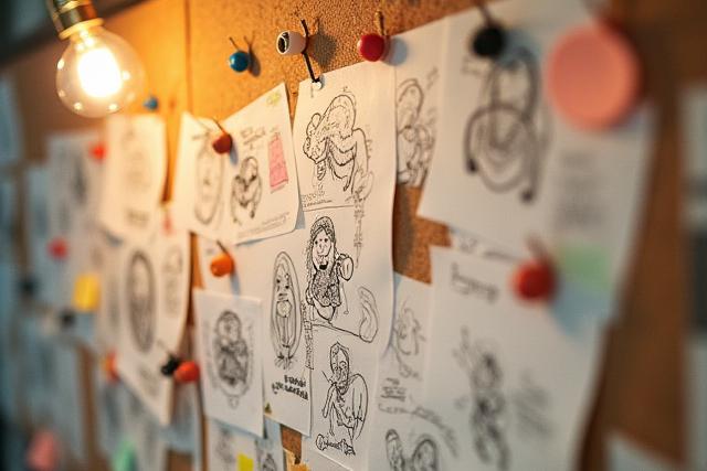 Inspirational sketches pinned to a corkboard in an art studio.