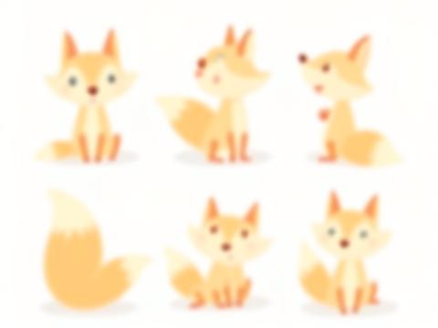 Full character sheet for Pip, a curious fox, showing front, side, back views, expressions, and action poses.