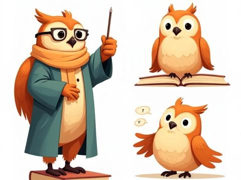 Detailed character sheet for Professor Hoot, a wise owl mascot for an educational app, showing different intellectual poses and expressions.