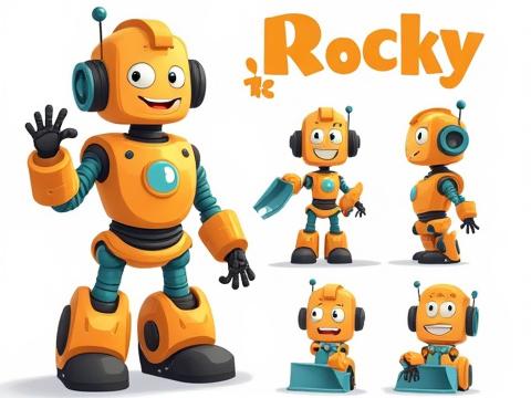 Character sheet for Rocky the Robot, a playful construction robot for a toy line, showing various modular parts and enthusiastic poses.
