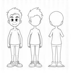 Polished character turnaround sheet showing front, side, and back views of a character with clear line art.