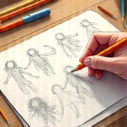 Rough character sketches and silhouette explorations of various character concepts on paper.