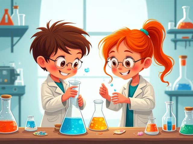 Illustrations showing children engaged in a science experiment, with playful beakers, bubbling liquids, and a sense of wonder.