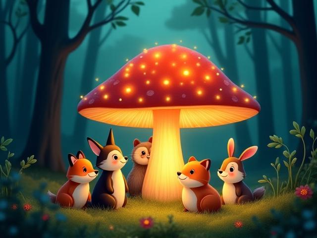 Whimsical children's book cover featuring curious woodland animals gathered around a glowing mushroom at night.