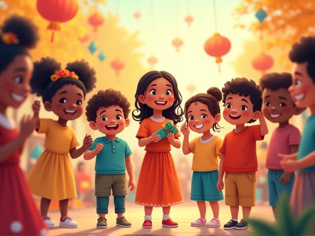 Vibrant illustration of children from diverse backgrounds celebrating a cultural festival with colorful costumes and lanterns.