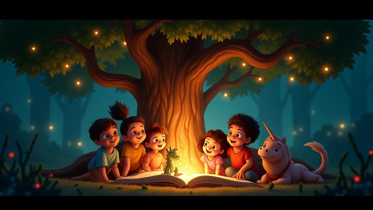 Vibrant and whimsical illustration of a diverse group of children reading a large storybook under a magical tree, filled with curious animals and glowing fireflies.