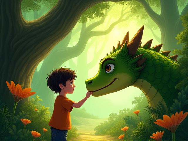 Full-color storybook spread showing a child befriending a friendly dragon in a fantastical forest.