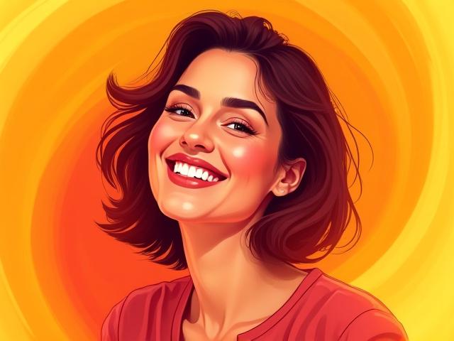 Vibrant digital portrait of a smiling woman with colorful background, showcasing personalized portrait art.