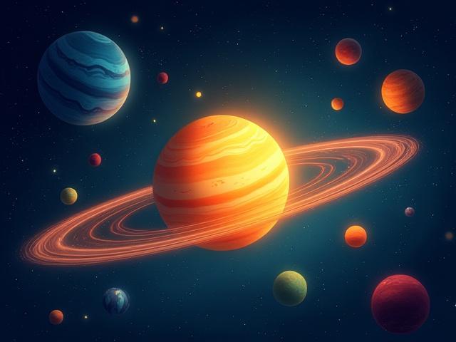 Whimsical illustration of the solar system with planets and stars