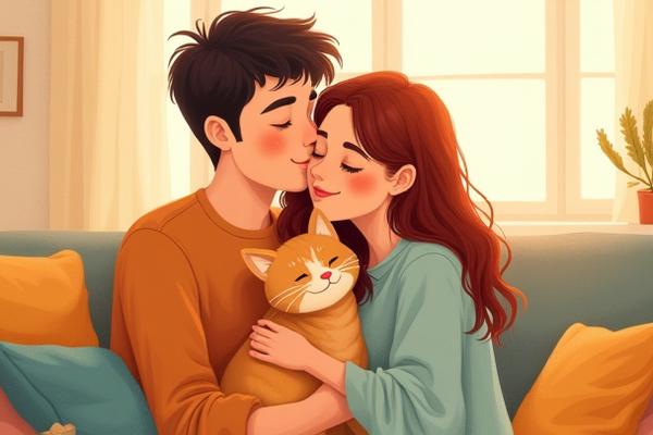 Illustrated portrait of a loving couple embracing their ginger cat