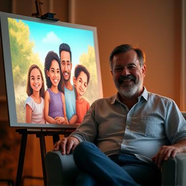 Richard T Davis smiling warmly next to a piece of diverse children's illustration.