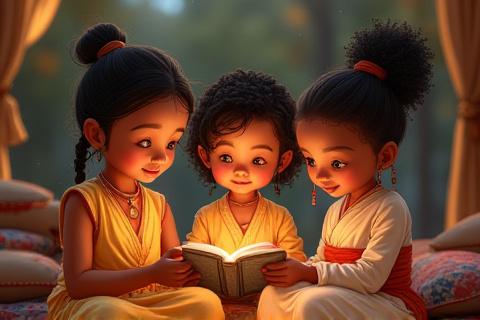 Detailed illustration of children dressed in traditional attire from different cultures, sharing a story.
