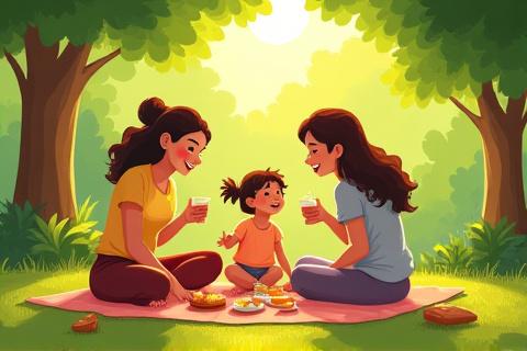 Warm illustration of a family with two mothers and their child having a picnic in a park.