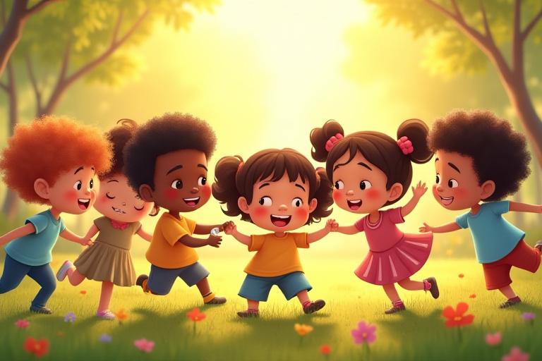 A diverse group of children from various backgrounds joyfully playing together, surrounded by whimsical elements.