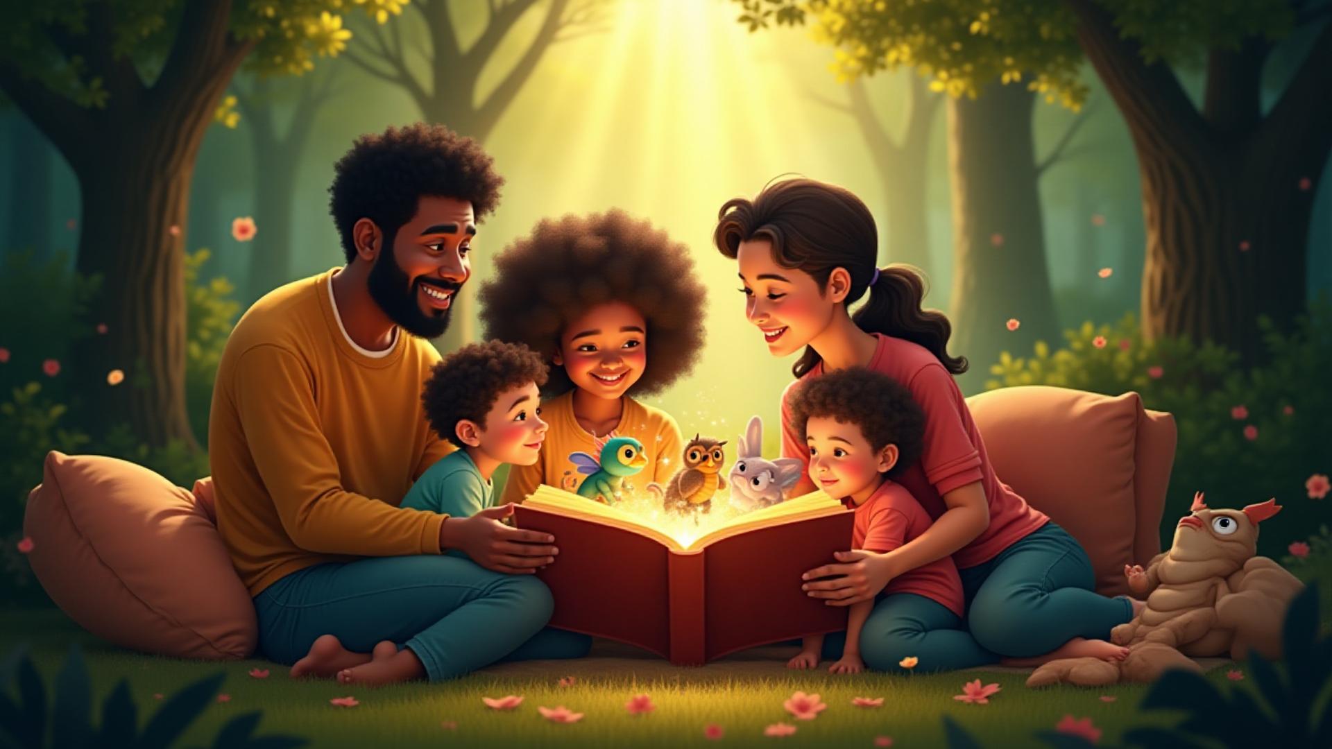 Whimsical illustration of a diverse family reading a magical storybook with fantastical creatures emerging from its pages