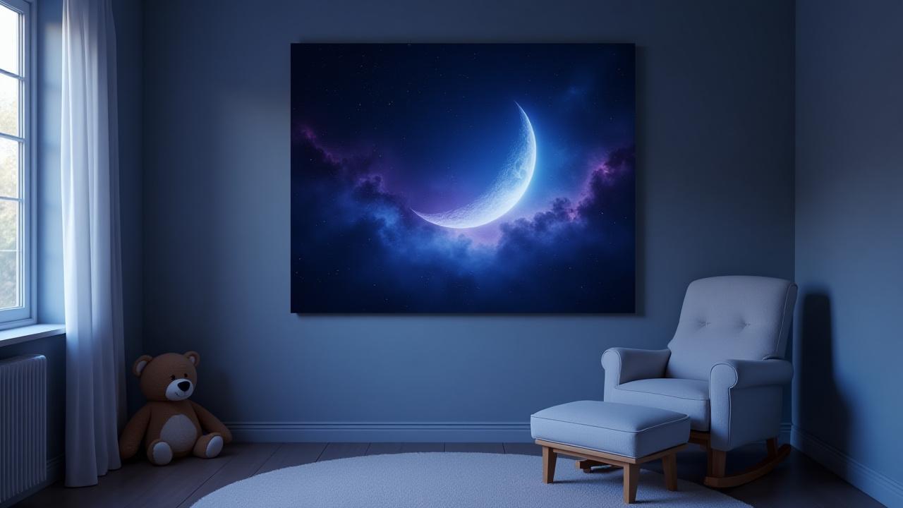 A dreamy space-themed nursery with a Richard T Davis custom illustration of a crescent moon and stars, creating a serene atmosphere above a glider chair.