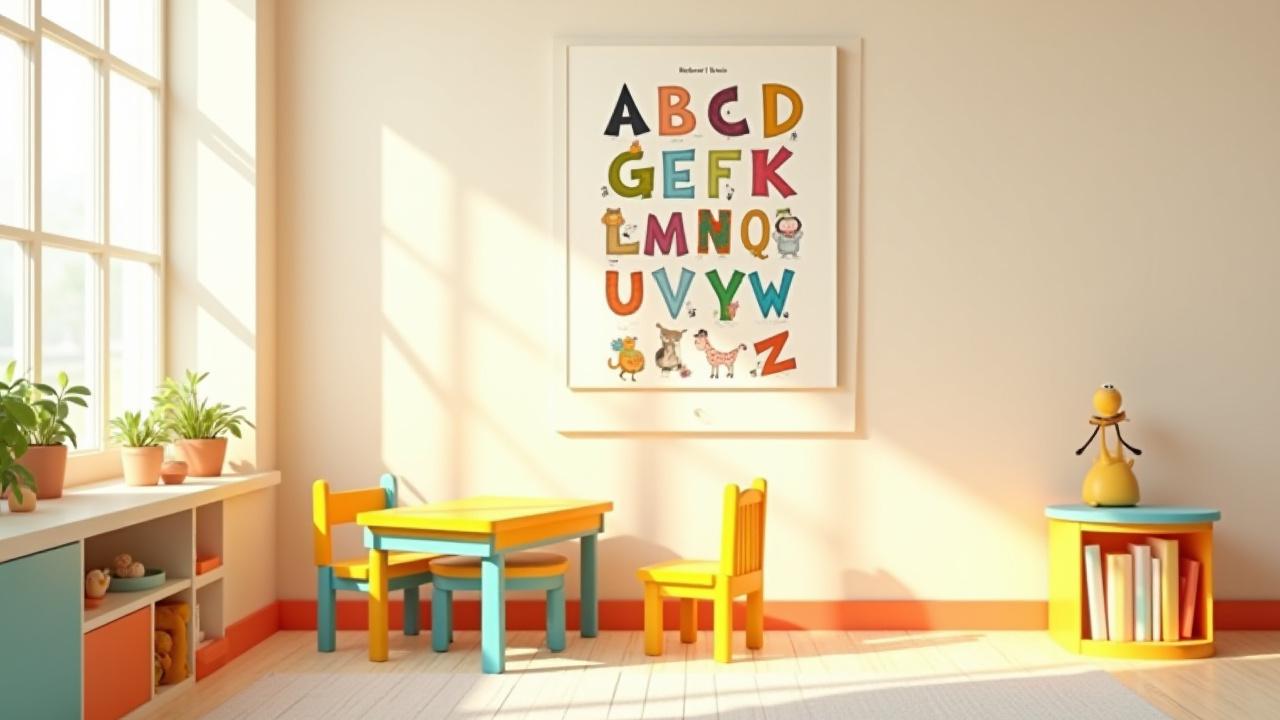 A vibrant and educational nursery featuring an alphabet themed illustration by Richard T Davis, perfect for stimulating a child's learning and creativity.