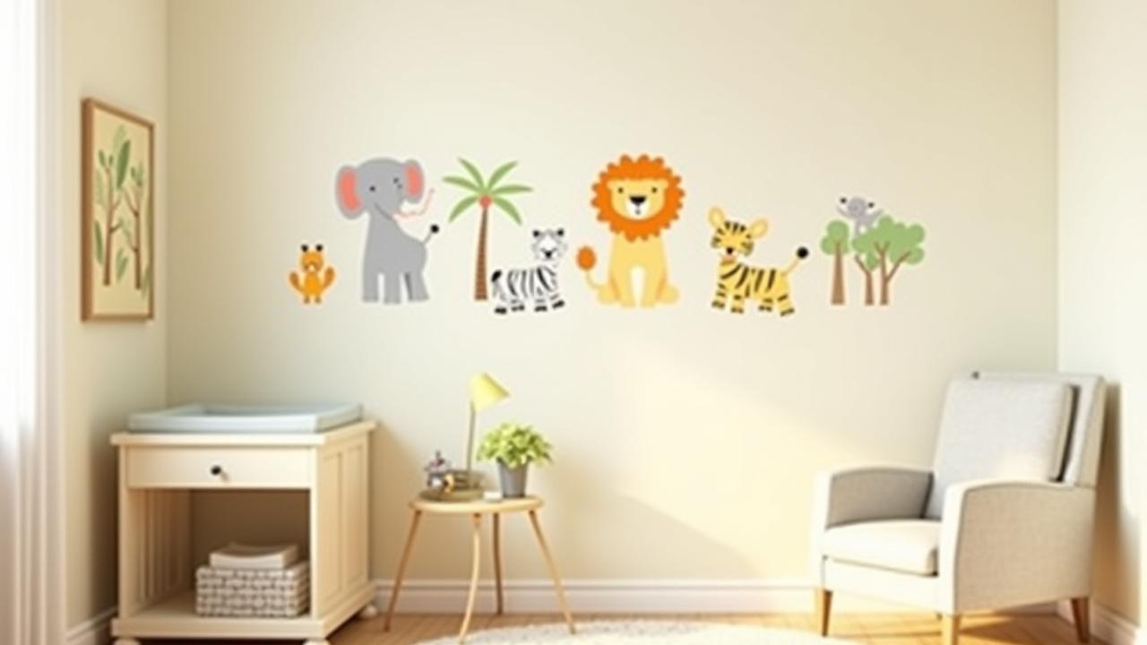 A playful safari-themed nursery with Richard T Davis animal illustrations, including elephants and zebras, adorning the walls near a changing table.