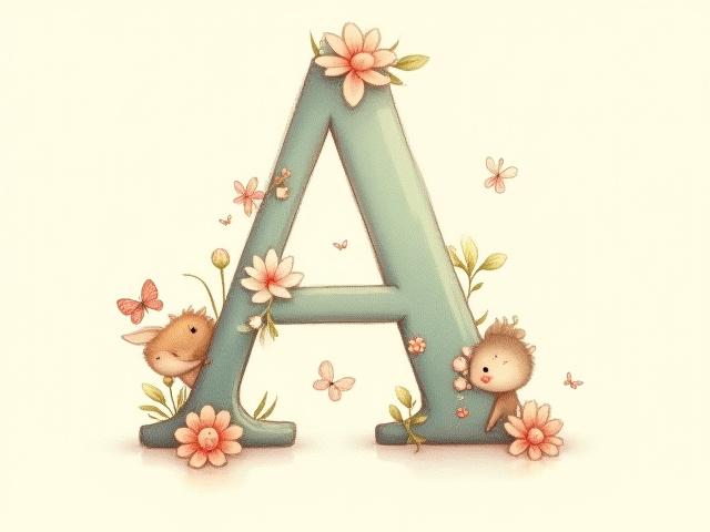 A personalized nursery print featuring a beautifully illustrated initial 'A' with intricate floral and animal details, and the child's name 'Aria' subtly integrated.