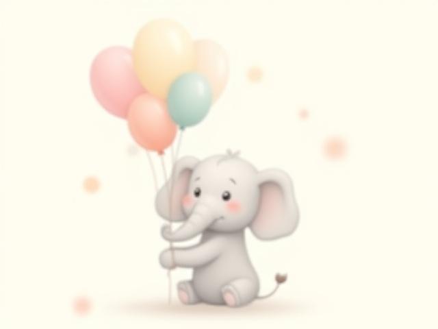 A charming illustration of a baby elephant holding balloons, with personalized birth statistics (name, date, weight, height) elegantly incorporated into the design, on a soft pastel background.