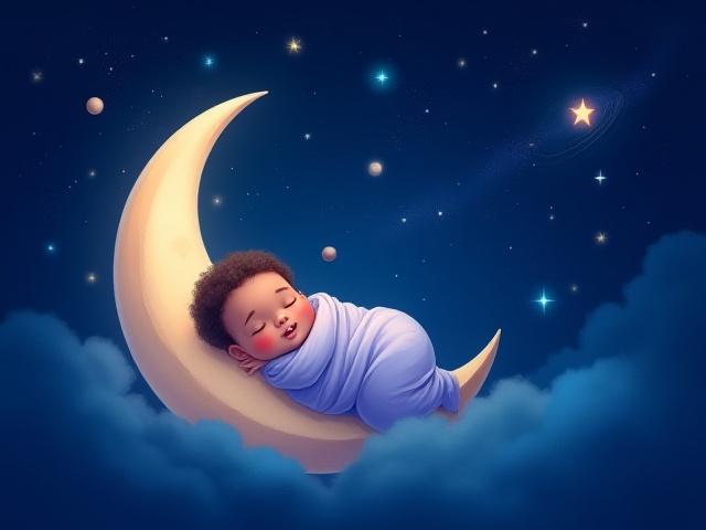 An enchanting scene of a crescent moon gently cradling a sleeping baby, surrounded by soft stars and nebulae in a deep blue and purple sky, suitable for a dreamy nursery.