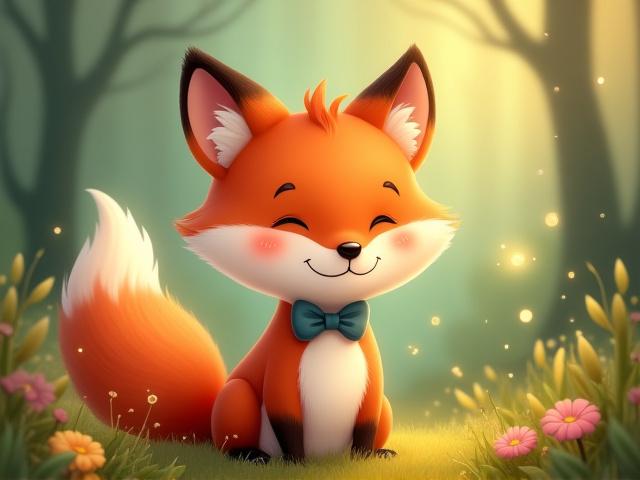 A whimsical illustration of a friendly fox wearing a bow tie, surrounded by forest flora and tiny magical lights, perfect for a woodland themed nursery.