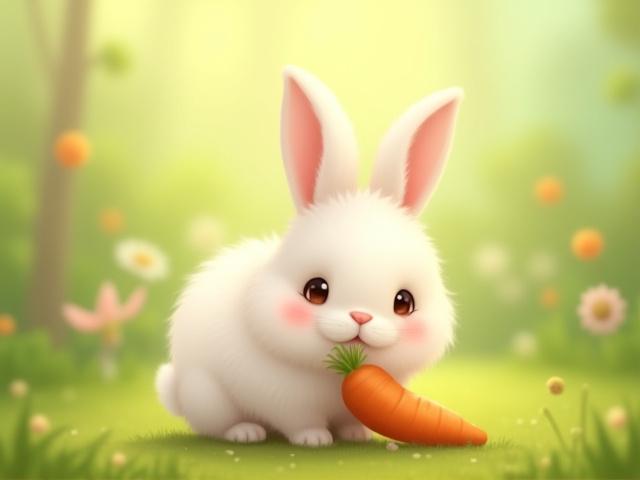 Cute illustration of a fluffy white bunny nibbling on a carrot