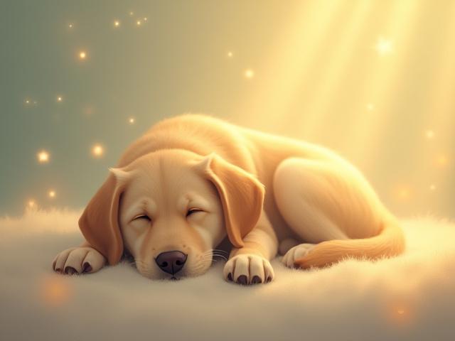 Tender illustration of a dog with a soft, warm glow, symbolizing a memorial portrait