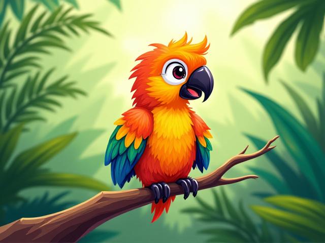 Colorful illustration of a talking parrot perched on a branch