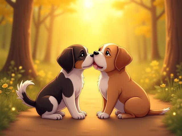 Illustration of two inseparable dogs playfully interacting