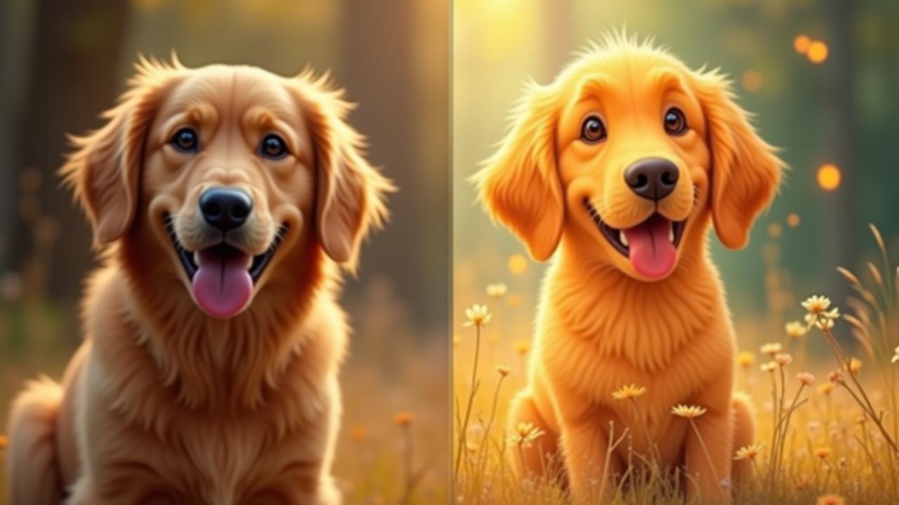 Before and after of a dog, on one side a photo of a golden retriever, on the other its whimsical illustration