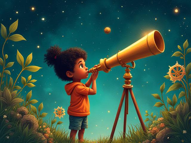 Child looking through a telescope with gears and plants, representing STEM illustration