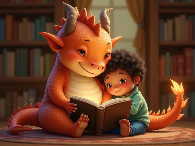 A friendly, chubby dragon seated with a child, both engrossed in an open storybook.