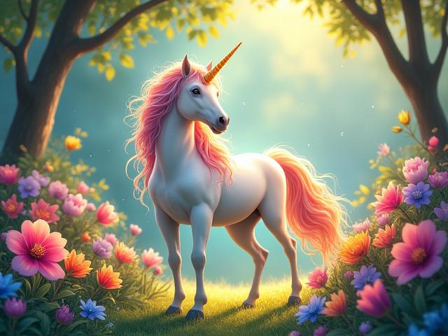 A majestic unicorn with a rainbow mane grazing in a vibrant, blooming garden.